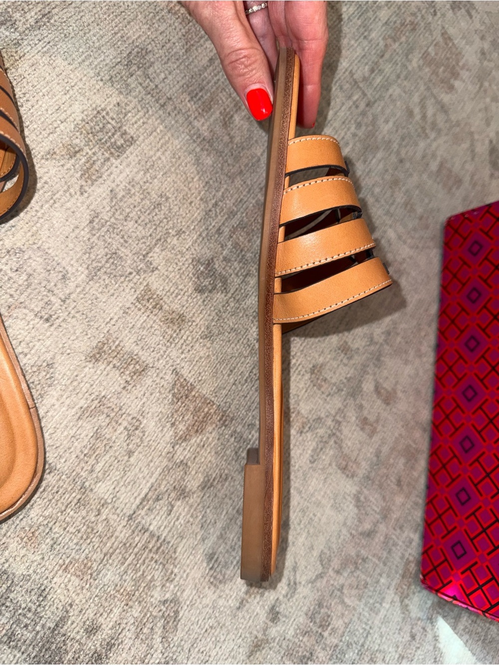 Tory Burch Ines Cognac Leather Triple-Strap Slide Mules - Picture 11 of 16